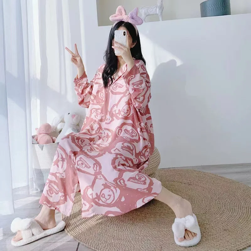 

150kg Women Autumn Loose Cotton Blend Long-Sleeve Pajama Sleeping Shirt Dress Fat Female Clothing Oversize Add Large Size Dress