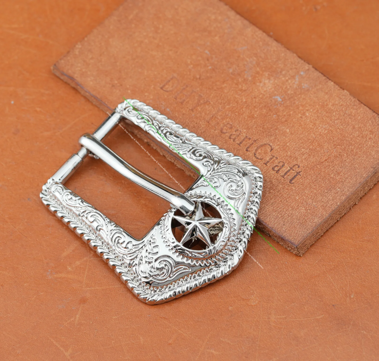 Silver Western Cowboy Texas Star Leathercraft Belt Buckle Set 3-Piece Set Filigree Engraved for 1" Leather Straps - view 5