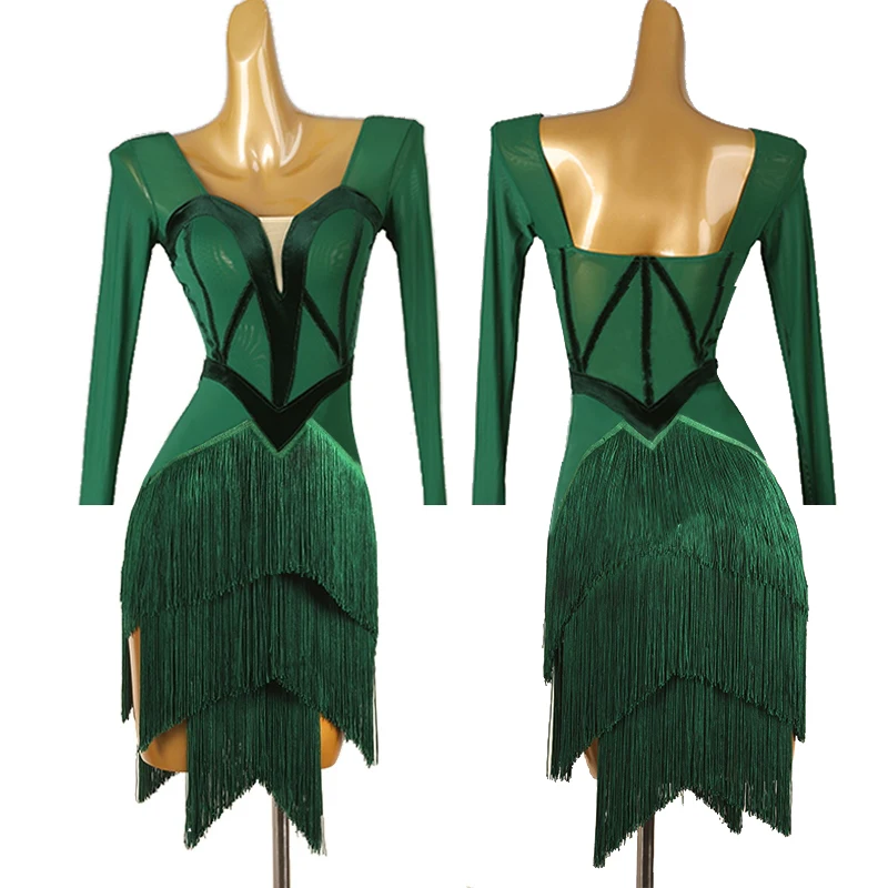 2024 New Latin Dance Performance Dress For Women Sexy Green Fringed Dress Adult Chcha Rumba Tango Female Latin Clothes DQL9242