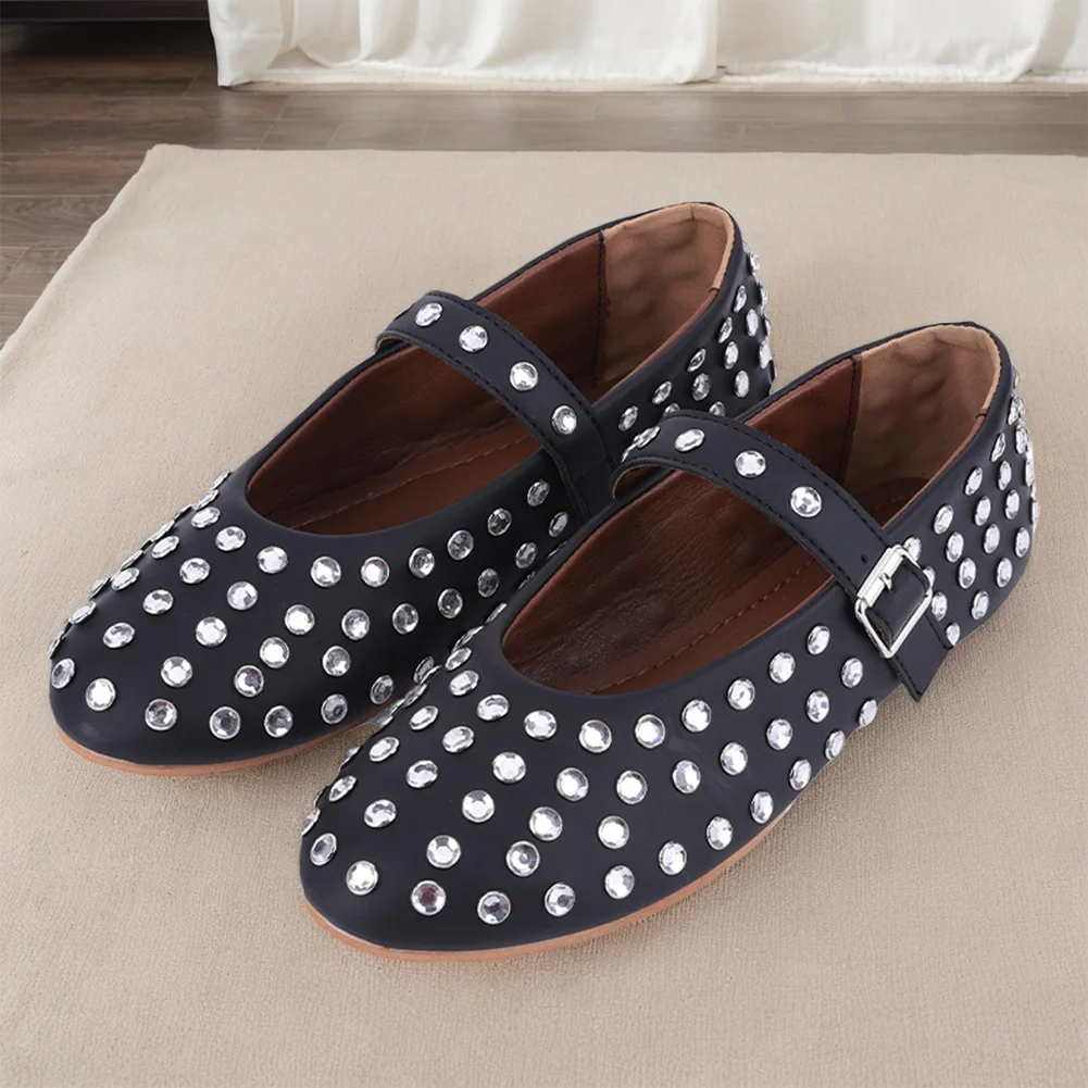 Women Fashion Glitter Shoes with Buckle Strap Rhinestone Ballet Flats Crystal Ballerina Shoes Comfortable Female Casual Shoes