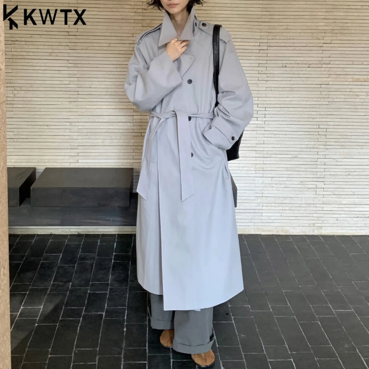 

KWTX New 2025 Vintage Women’s Long Trench Coat Autumn Winter Double Breasted Belted Lapel Solid Color Elegant Designer Casual