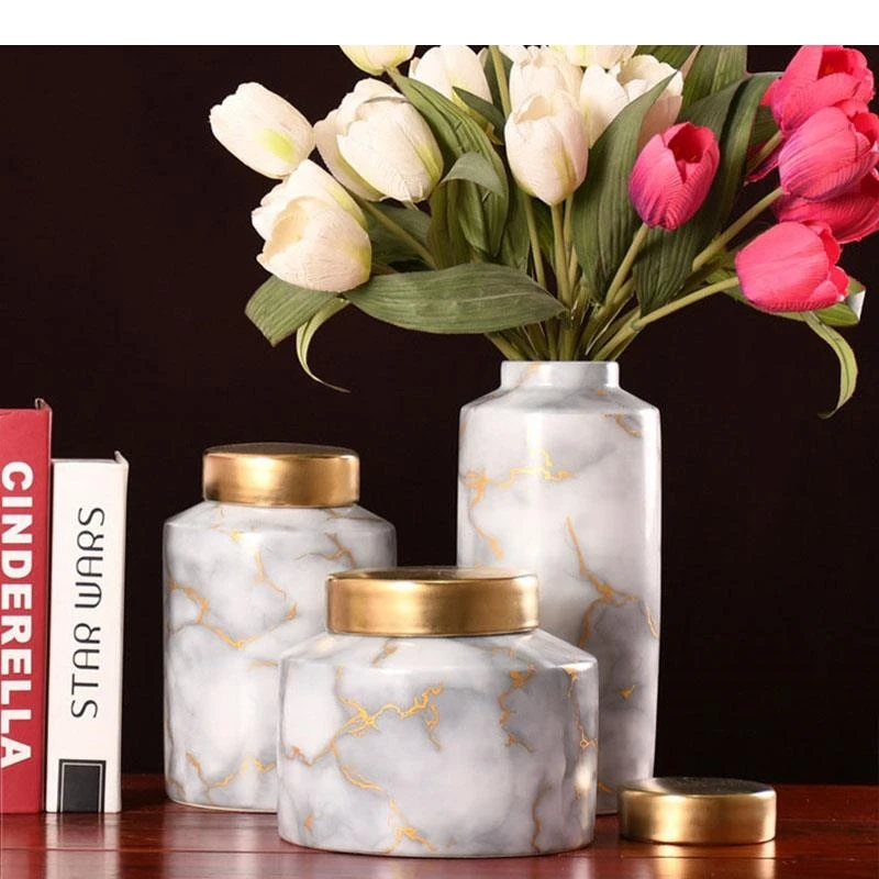 Gilded Marble Texture Storage Jars and Lids Tea Canister Coffee Cans Candy Pots Desk Decoration Jewelry Jar Cosmetic Containers