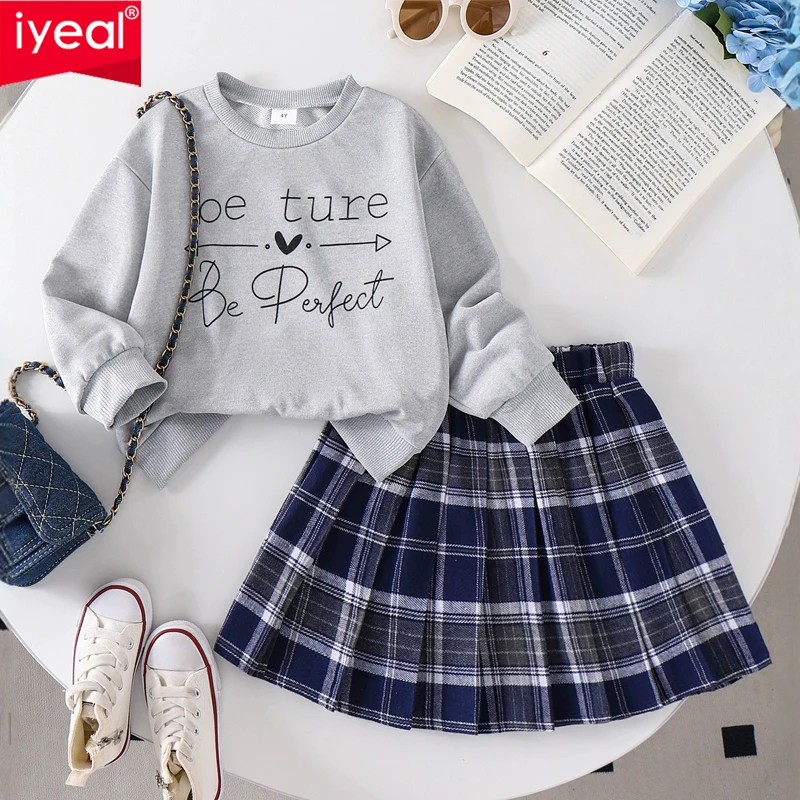 

IYEAL Girls' Clothing Set Casual Girls' Letter Pattern Long Sleeved Sweatshirt+Blue Checkered Pleated Short Skirt Two-Piece Set