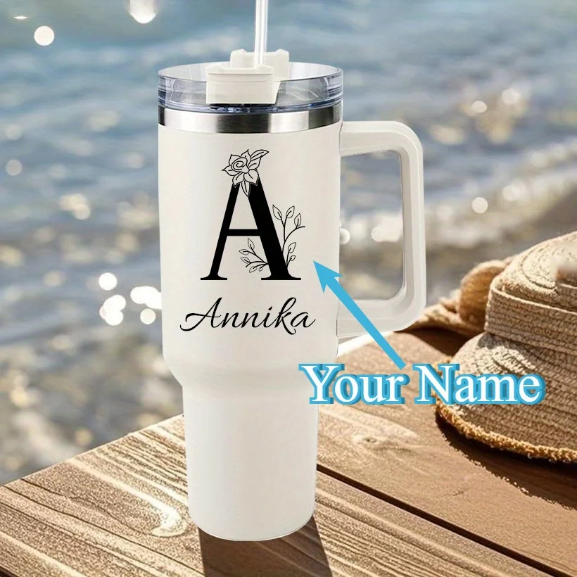 

Personalized Vacuum Cup Mug, 40OZ, Insulated Double Wall Stainless Steel Coffee Cup with Handle, High Capacity with Lid And Straw, Customized Gift Featuring Initial Flower Design, Ideal for Travel And Office, Birthday Present for Loved Ones