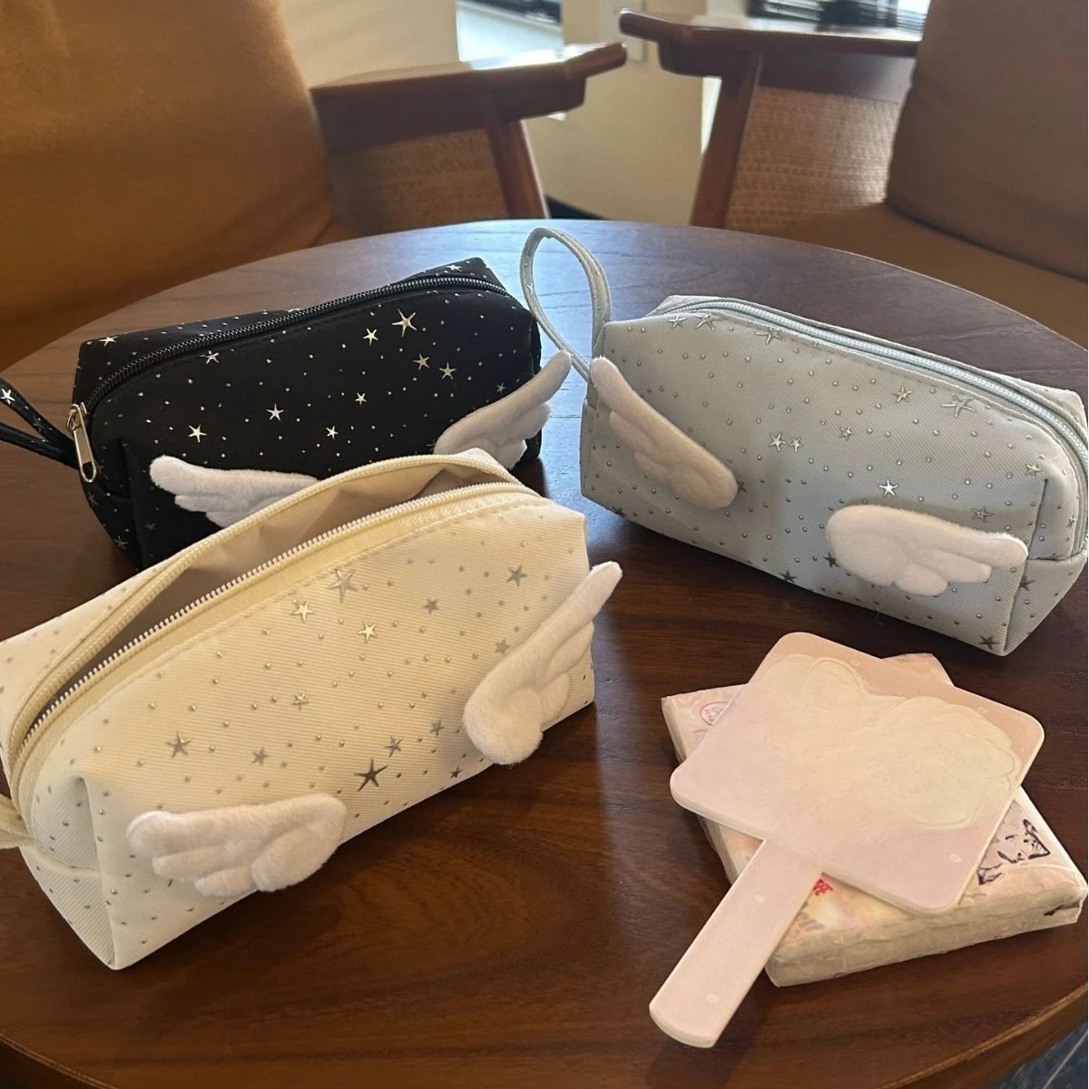 Korean Style Handheld Makeup Bag, Large Capacity Cute Wing Storage Pouch, High-Value Cosmetic & Stationery Case for Students