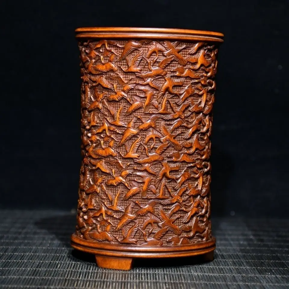 Hand Carved Wood Thousand crane pen holder Brush Pot Statue Figurine Desktop Ornaments Home Decoration
