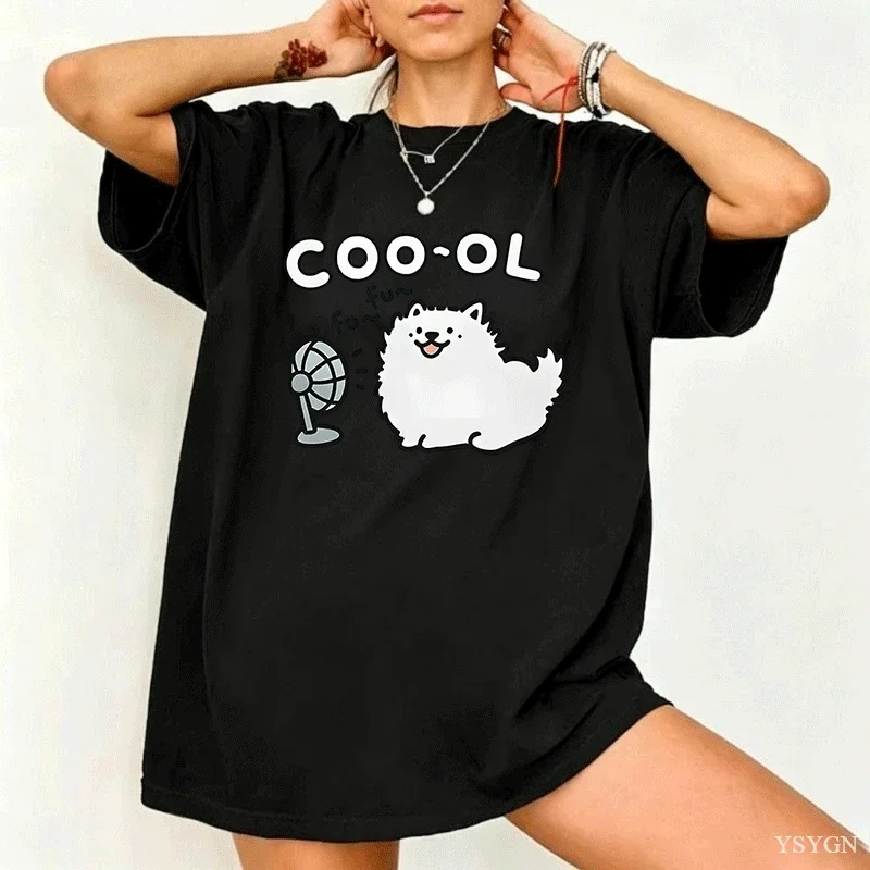 Samoyed With A Fan Blowing Printed T-Shirts Womens Summer Cotton Tops O-Neck Comfortable Loose T Shirt Casual Womans Clothes