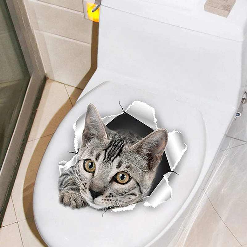 Divertidos pegatinas 3D para asiento de inodoro de gatito, calcomanías impermeables para pelar y pegar, calcomanías de animales para baño, decoración para baño