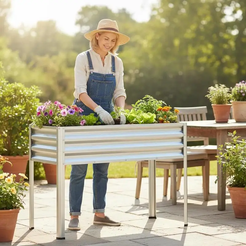 Bac à légumes surélevé avec pieds en métal électro-revêtu, grand bac à plantes surélevé - Argent