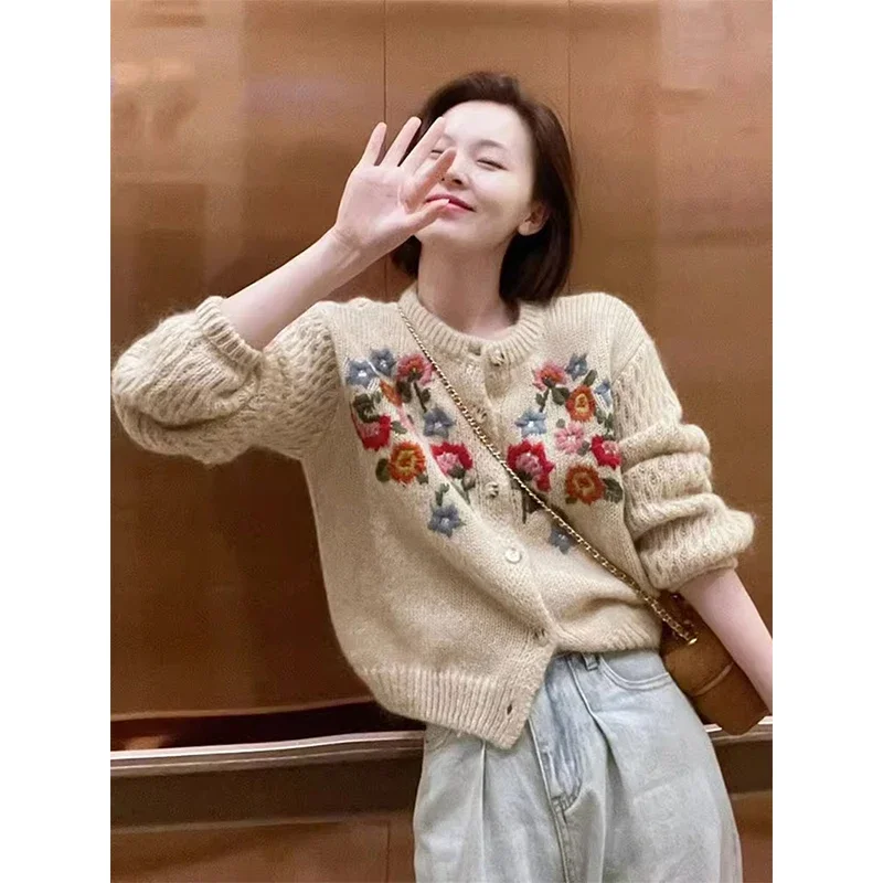 MEXZT Floral Embroidery Knitted Cardigan Women Vintage Cropped Sweater Coat Harajuku Korean Loose Knitwear O Neck Casual Jumpers