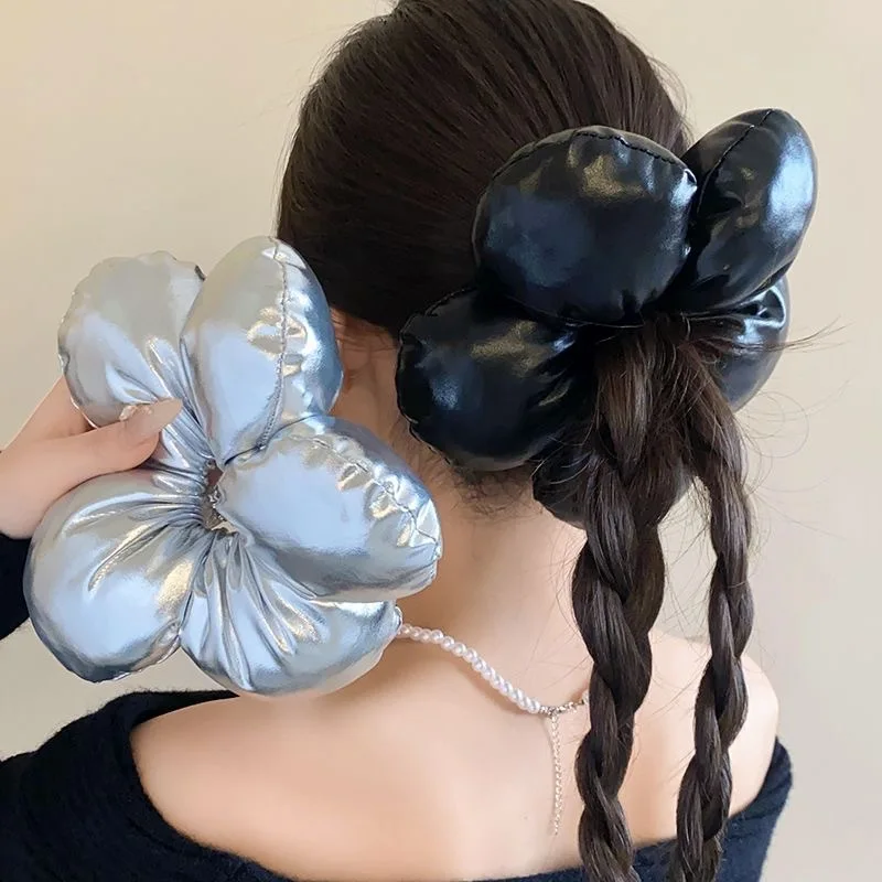 حبل شعر كبير ثلاثي الأبعاد على شكل زهرة للنساء، ربطات شعر أنيقة على شكل ذيل حصان عالي على شكل رأس كرات اللحم للفتيات