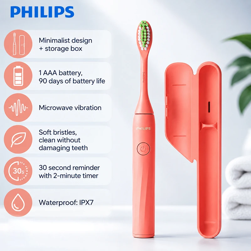 Philips HY1100 Electric Toothbrush Soft Bristled Microwave Vibration Adult Toothbrush 2-minute Timer Waterproof Bright White
