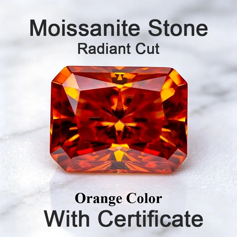 Moissanite Stone Radiant Cut Orange Color Lab Grown Gemstone for DIY Charms Jewelry Making Pass Diamond Tester with Certificate