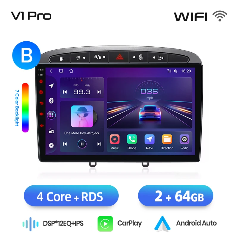 Junsun draadloze CarPlay Android Auto autoradio voor Peugeot 308 / 308 SW Mk1 (T7) / RCZ / 408 2007-2015 met ingebouwde koelventilator, Android GPS navigatie, multimediaspeler, WiFi, DSP, RDS, BT,
