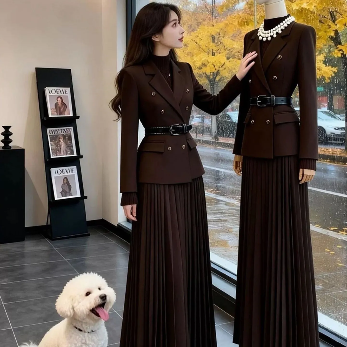 Women Brown Two Piece Suit Set 2026 New Double Breasted Blazer Pleated Maxi Skirt Belted Office Outfit Lady two-piece dress suit view 4