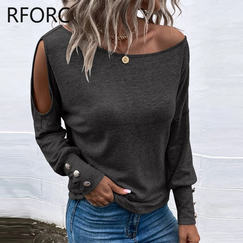 2024  Women Chic Solid One Shoulder Off Button Decoration Long Sleeves Loose Fit Blouse Tops