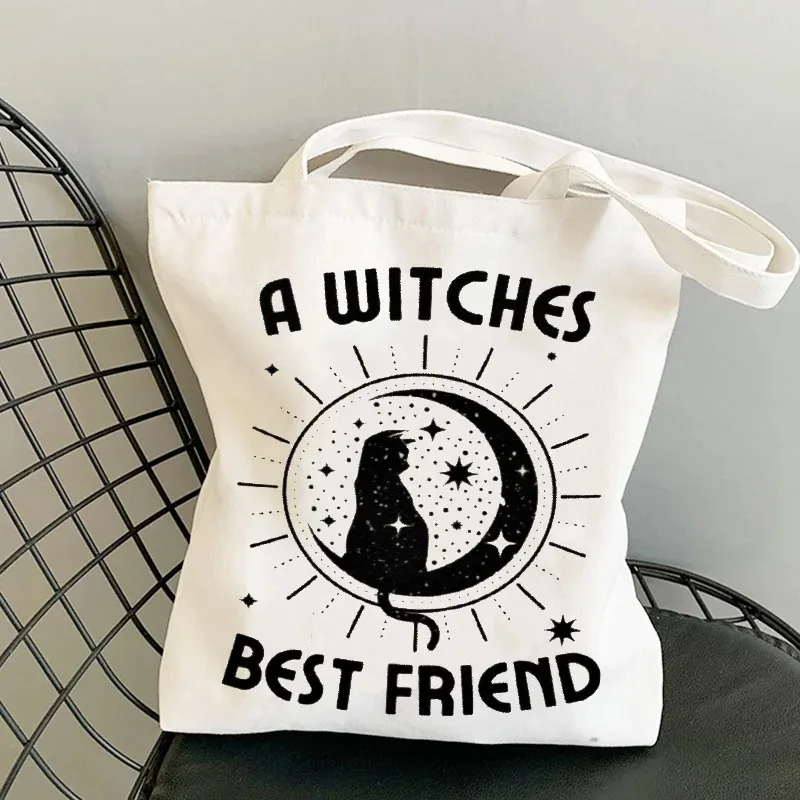 

Witchy Cat Canvas Tote Bags Moon Star Pattern "A WITCHES BEST FRIEND" Print Reusable Shopping Bags for Halloween and Daily Use