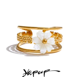 Yhpup Stainless Steel Natural Shell Flower Metal Hollow Open Ring 18K Gold Color Plated Popular Sweet Jewelry