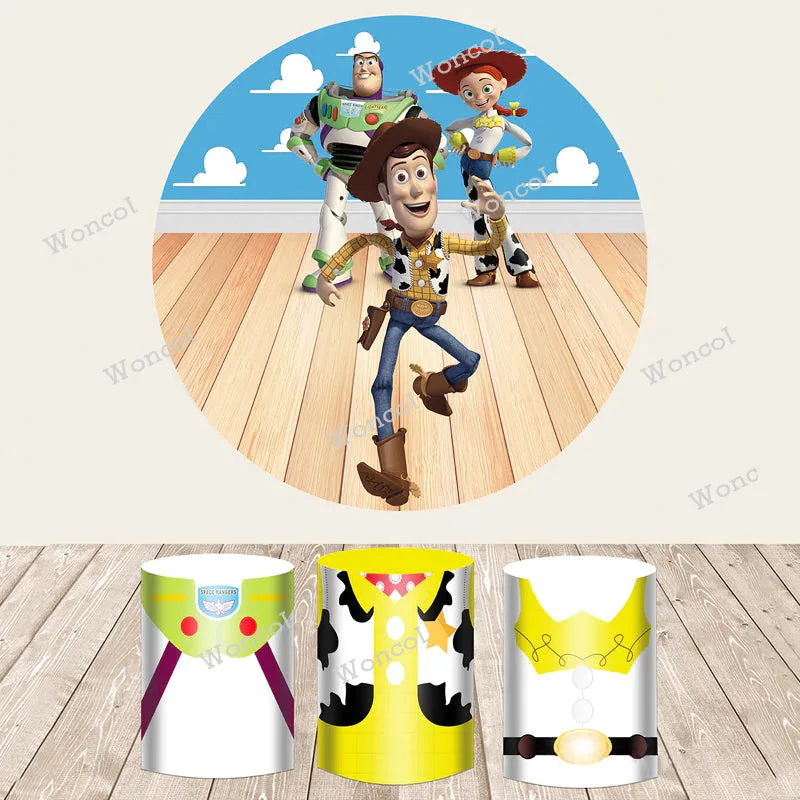 Woody Jessie Buzz Lightyear Round Backdrop Toy Story Birthday Backdrop Buzz Lightyear Woody Jessie Cylinder Cover Decor Prop