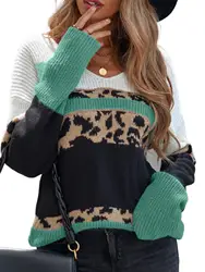 Women's Knitwear Leopard Print V-neck  Aautumn And Winter Casual Loose Women's Long-sleeved Top Warm Women's Pullover