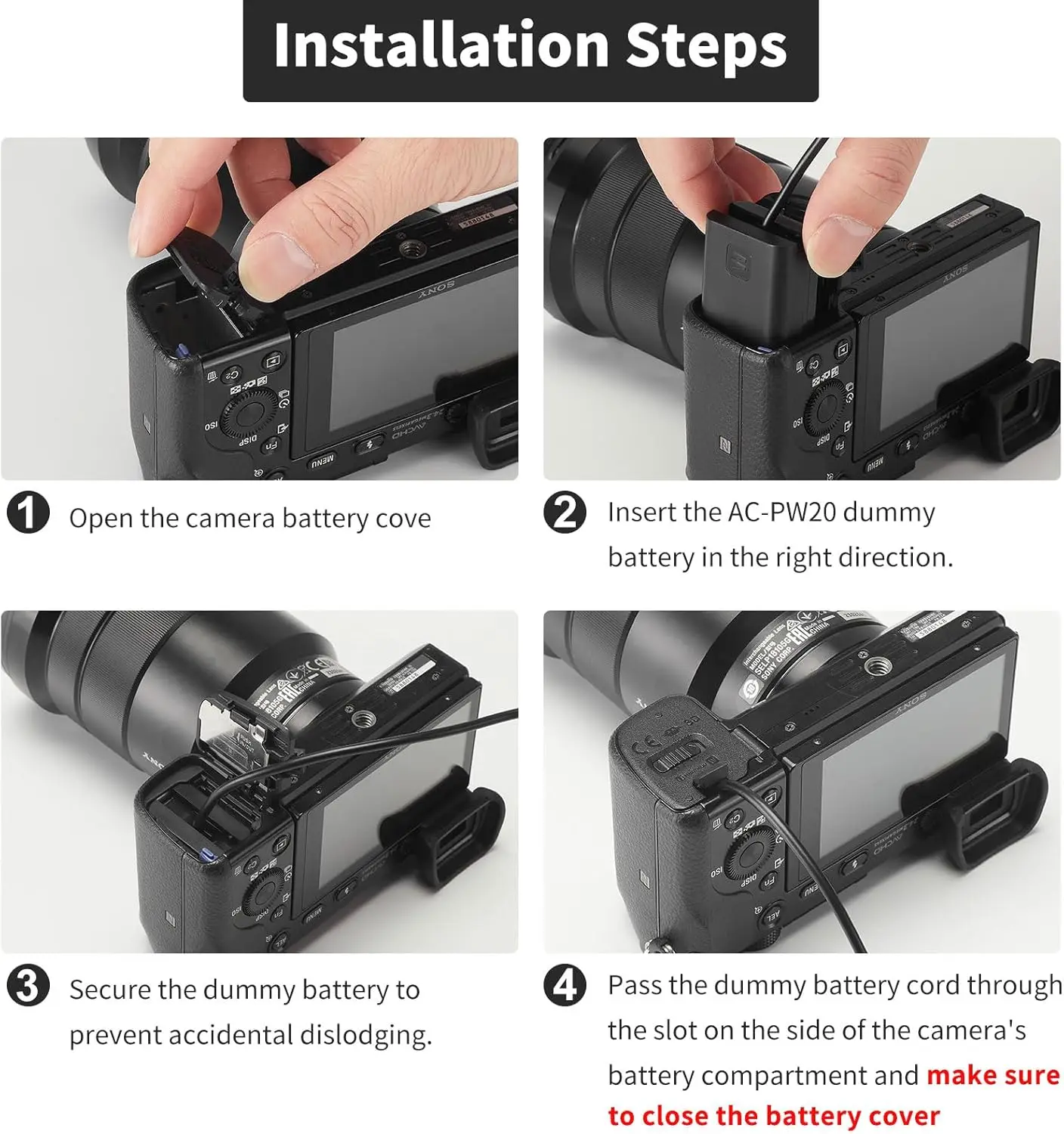 AC-PW20 مصدر الطاقة NP-FW50 ZV-E10 بطارية الدمية AC PW20 مجموعة محول التيار المتردد المستمر لسوني ألفا ZVE10 A6400 A6000 A5100 A6100 A6300 A6500 A7 A7II A7S A7SII Cyber-shot DSC-RX10 II III IV، NEX-3Cameras.