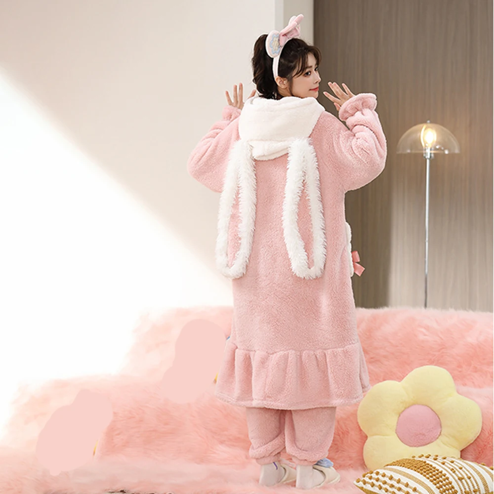 

Пушистый фланелевый комплект для сна: теплый халат с капюшоном и длинными ушками, брюки, 2 предмета, зимний, утолщенный, розовый, с милым мультяшным принтом