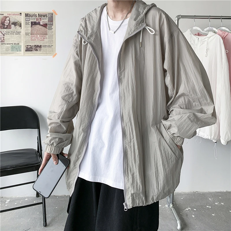 

Одежда из ледяного шелка с защитой от ультрафиолета, мужская летняя тонкая свободная легкая дышащая верхняя одежда с капюшоном, модная молодежная модная одежда