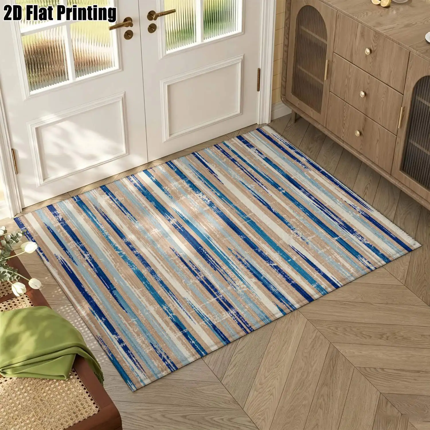 1Pc 2D Printed Blue-Brown Gradient Striped Carpet Modern Simple, Nordic Style, Multi-Size, Machine Washable, for Entrance, Dining, Foyer, Study, Living Room, Bedroom.