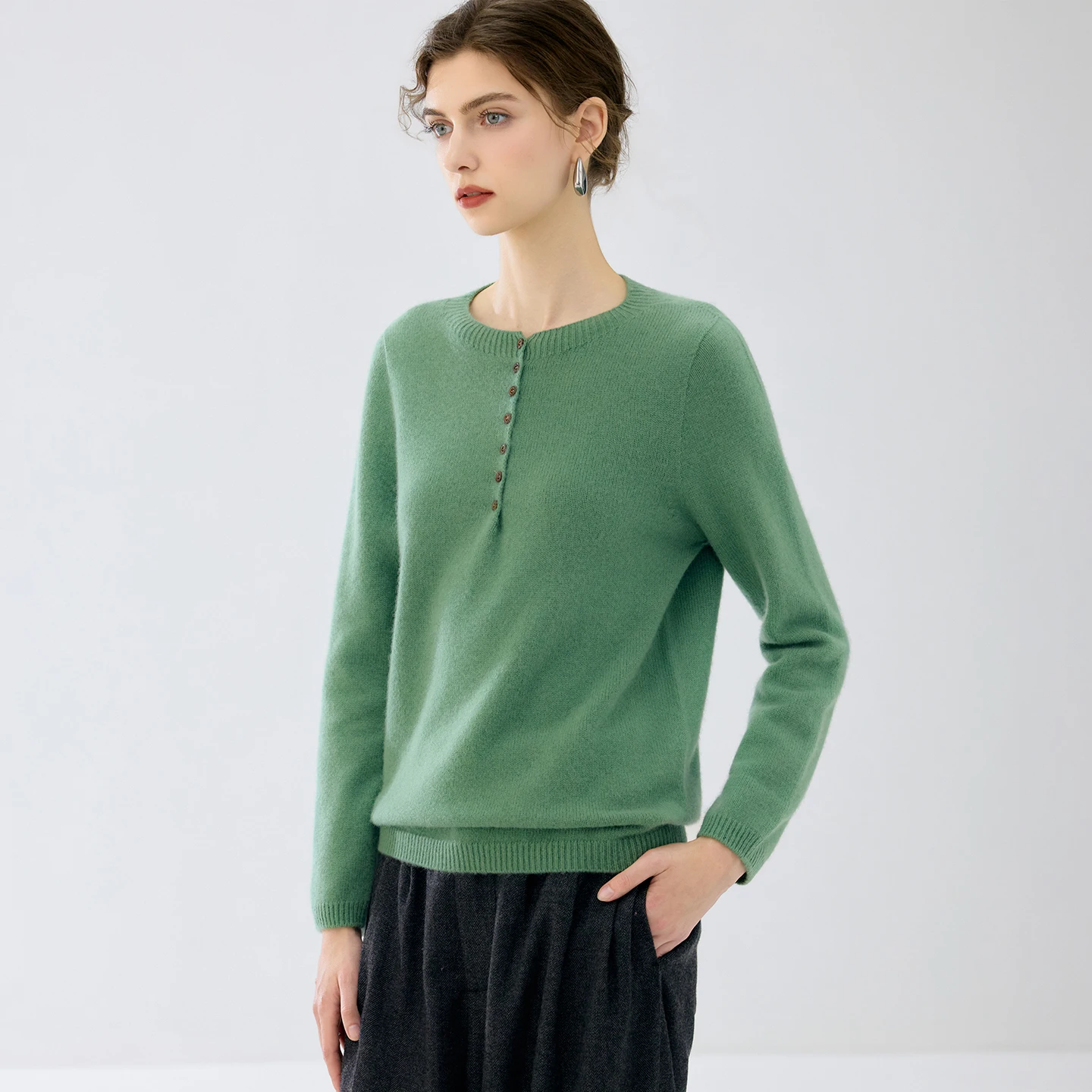 100% Premium Cashmere Autumn Winter Thick Seamless Button‑Placket O-Neck Knit Pullover Women Warm Base Layer Luxury‑Minimalist