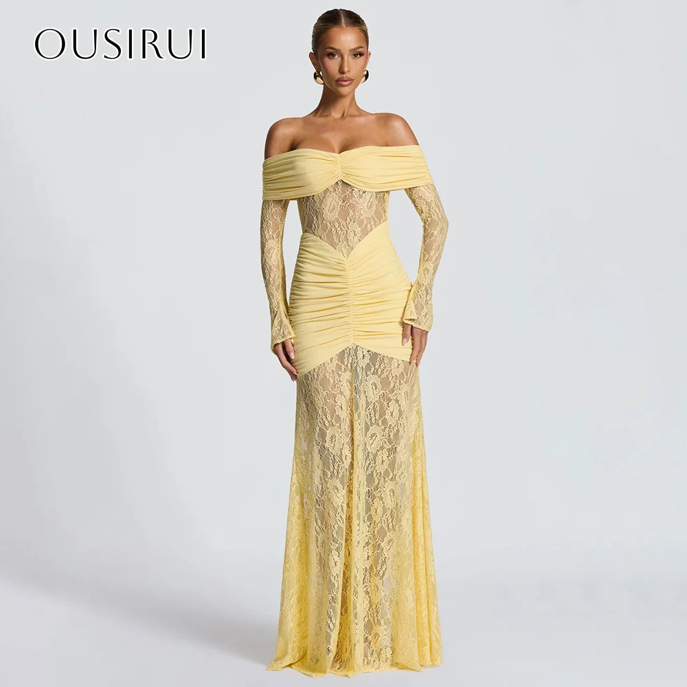 레이스 오프숄더 시스 이브닝 드레스 플리츠 플로어 기장 롱 슬리브 파티 가운