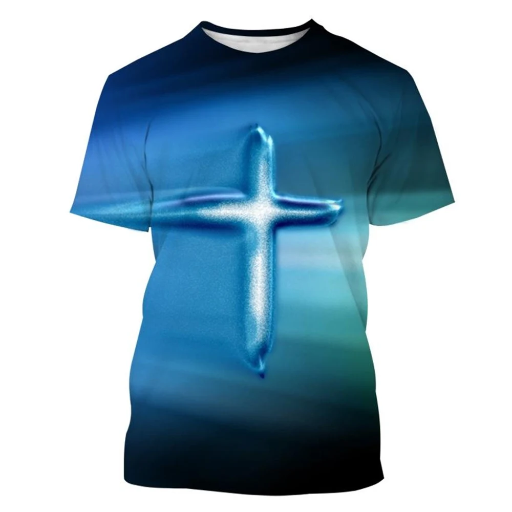 New Men\'s Summer Fashion Breathable Sports 3D T-shirts Christian Cross Black and White Jesus Printed 3D T-shirt Leisure Men Tops