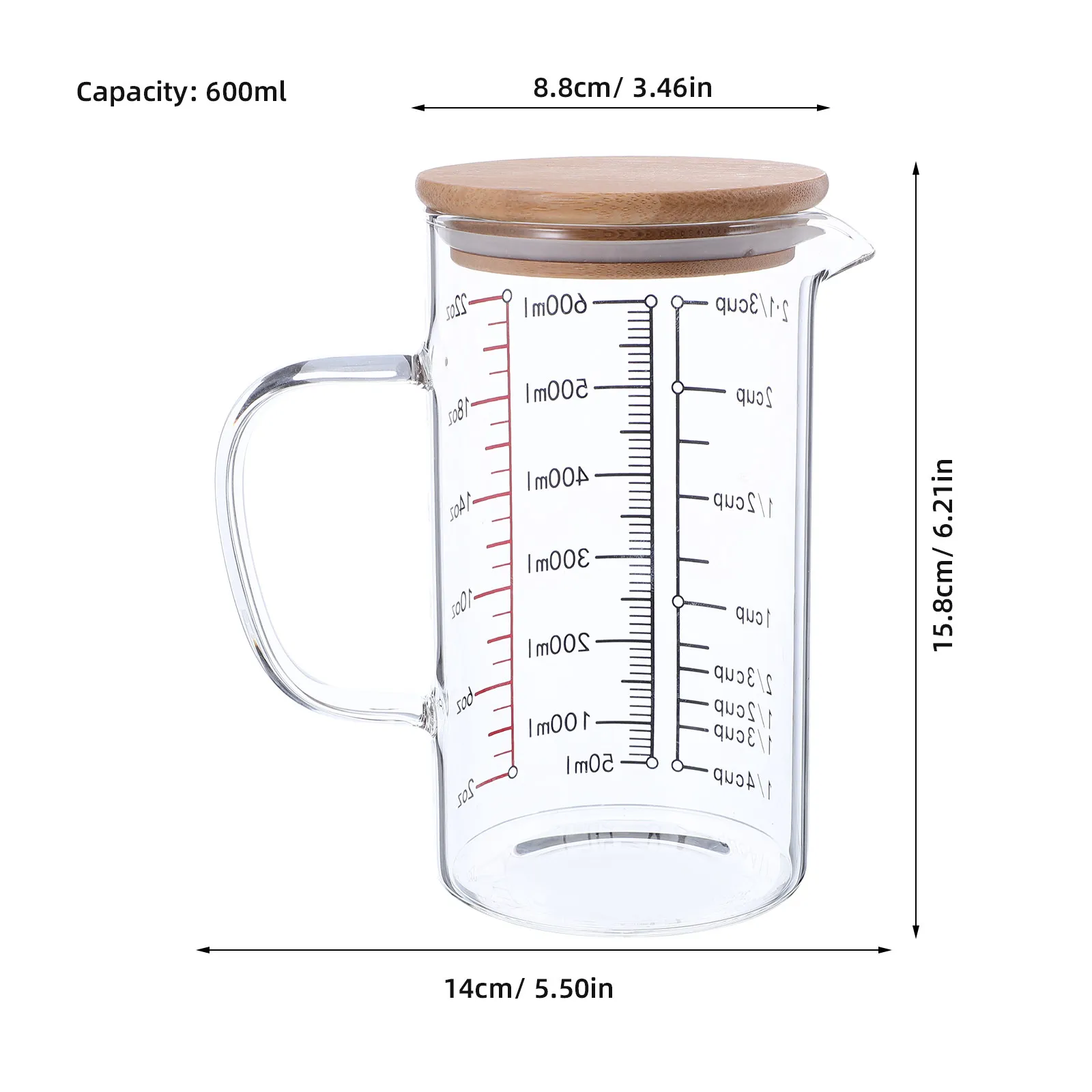 Glass Measuring Cup 600ml with Lid Heat Resistant Graduated Clear Kitchen Jug for Coffee Milk and Liquids