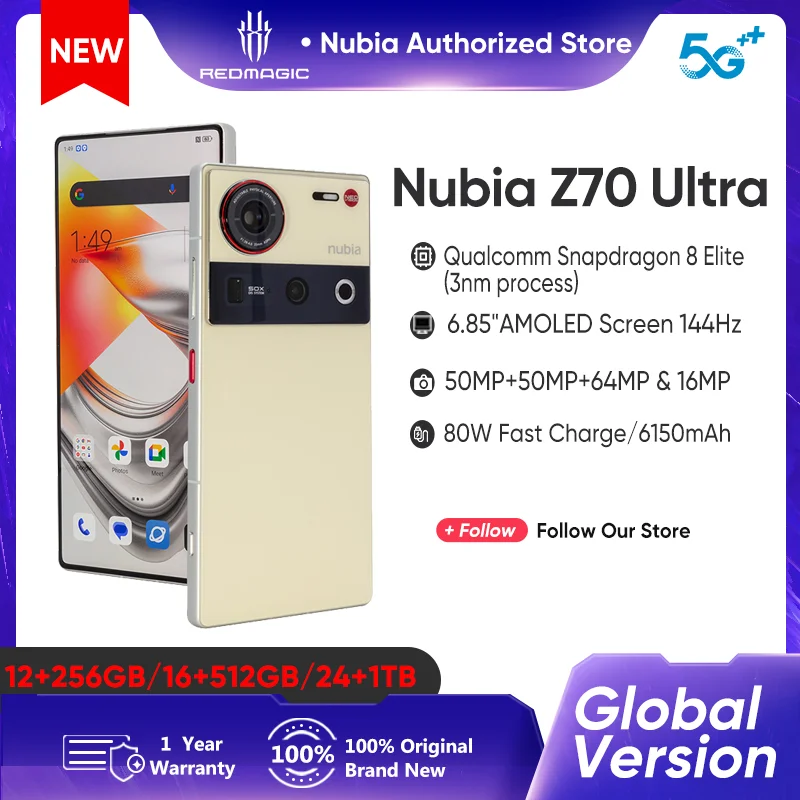 Nubia Z70 Ultra Smartphone 5G Snapdragon 8 Elite 6.85 144Hz OLED Screen 6150 mAh Battery 64MP Camera Android 15 NFC IP68 & 69 Gl