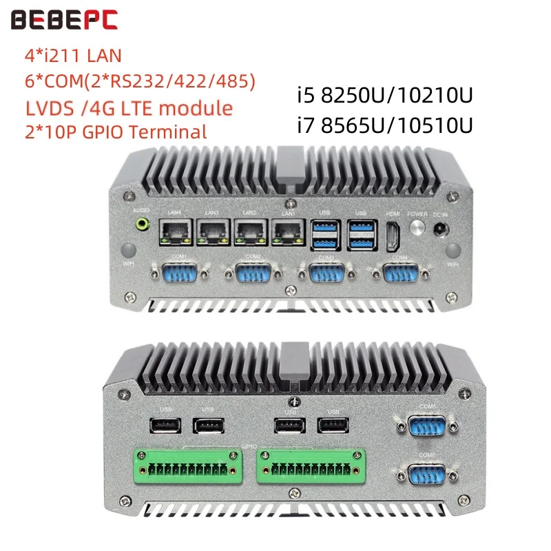 BEBEPC 라우터 미니 PC 4 * i211LAN 6 * COM 4G LTE i5 i7 8250U 10510U 1 * LVDS Pfsense 리눅스 WIN10/11 지원, 최대 32G DDR4 산업용 PC