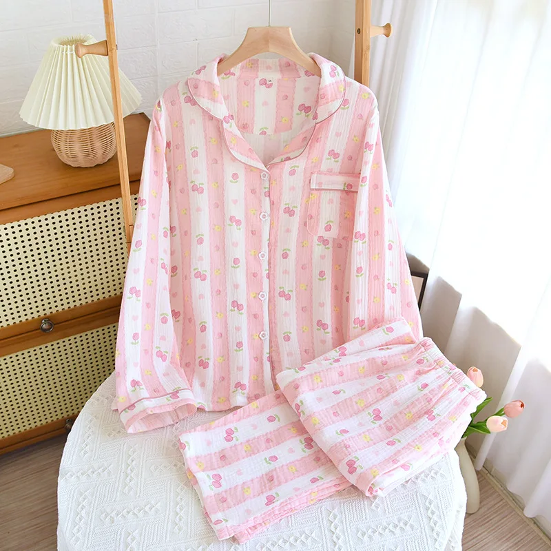 Plus Size Striped Rose Soft Pajamas Crepe Cotton Pajama Sweet Sleepwear Set Long Sleeved Homewear Skin-Friendly Simple Pyjamas