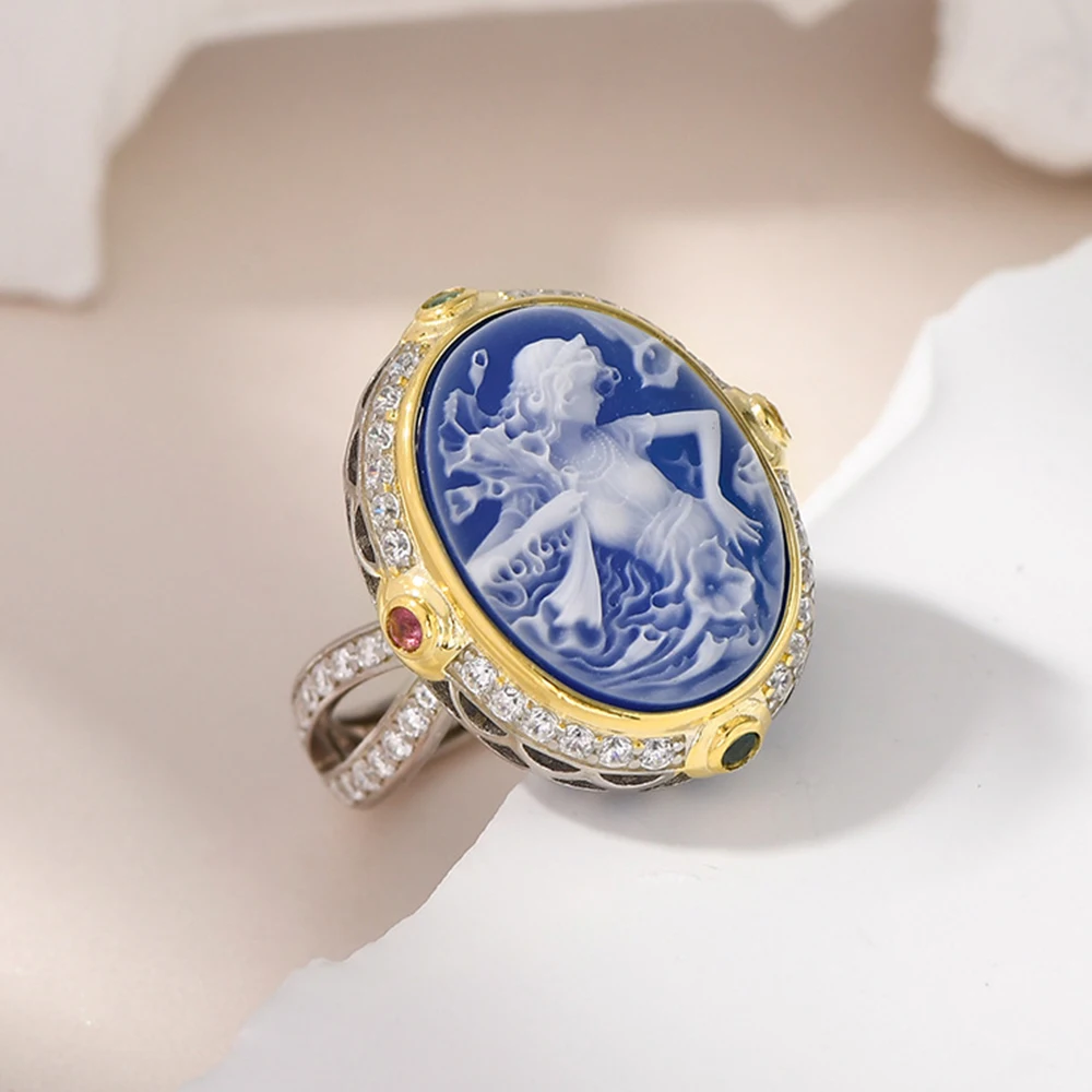 TZgrams Goddess Cameo Ring for Female 925 Sterling Silver Two Tone Cocktail Ring Natural Blue Agate White Shell Trending Jewelry