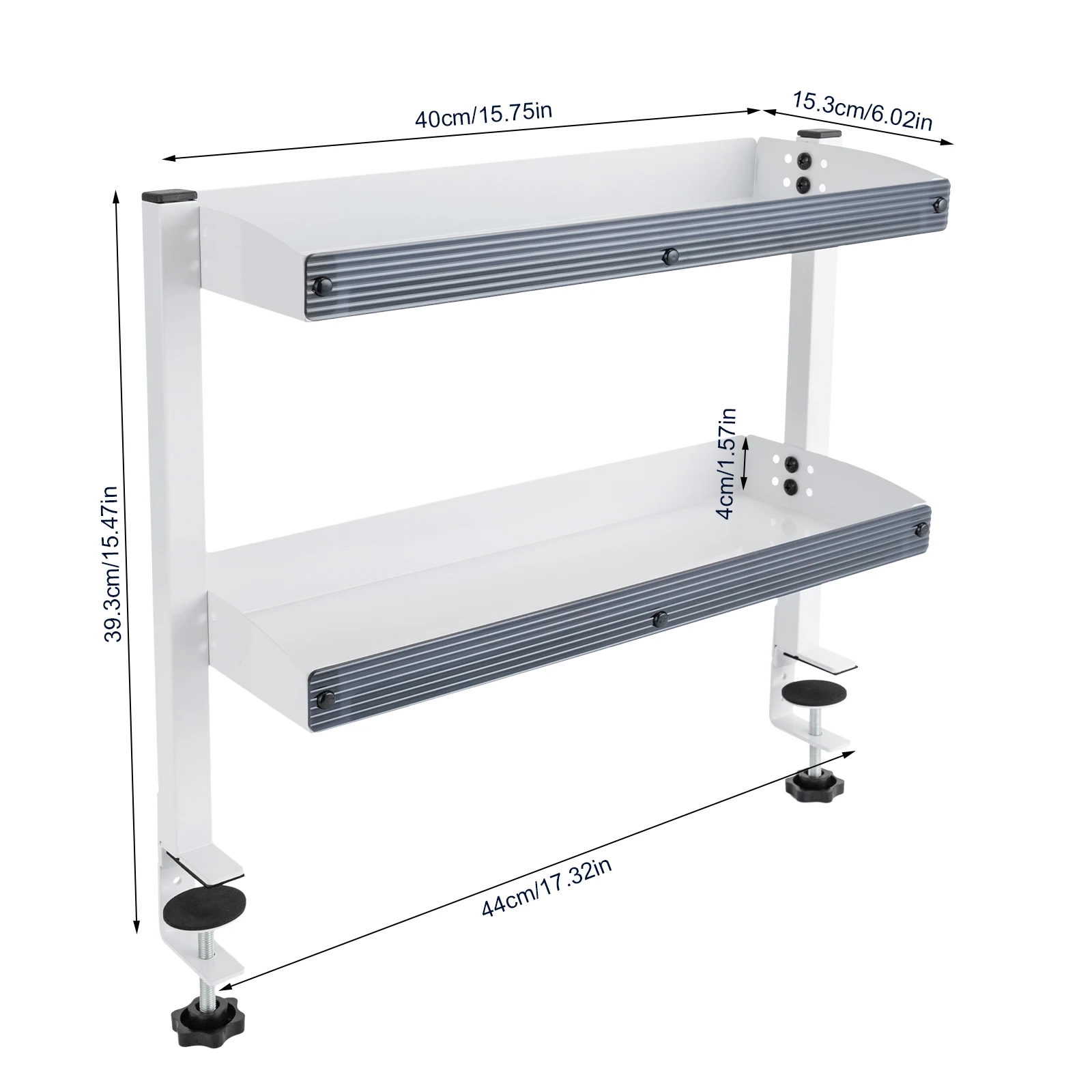 Clamp-on Desk Shelf, 2-Tier, Above or Under Table Corner Shelves Metal Organizer, White