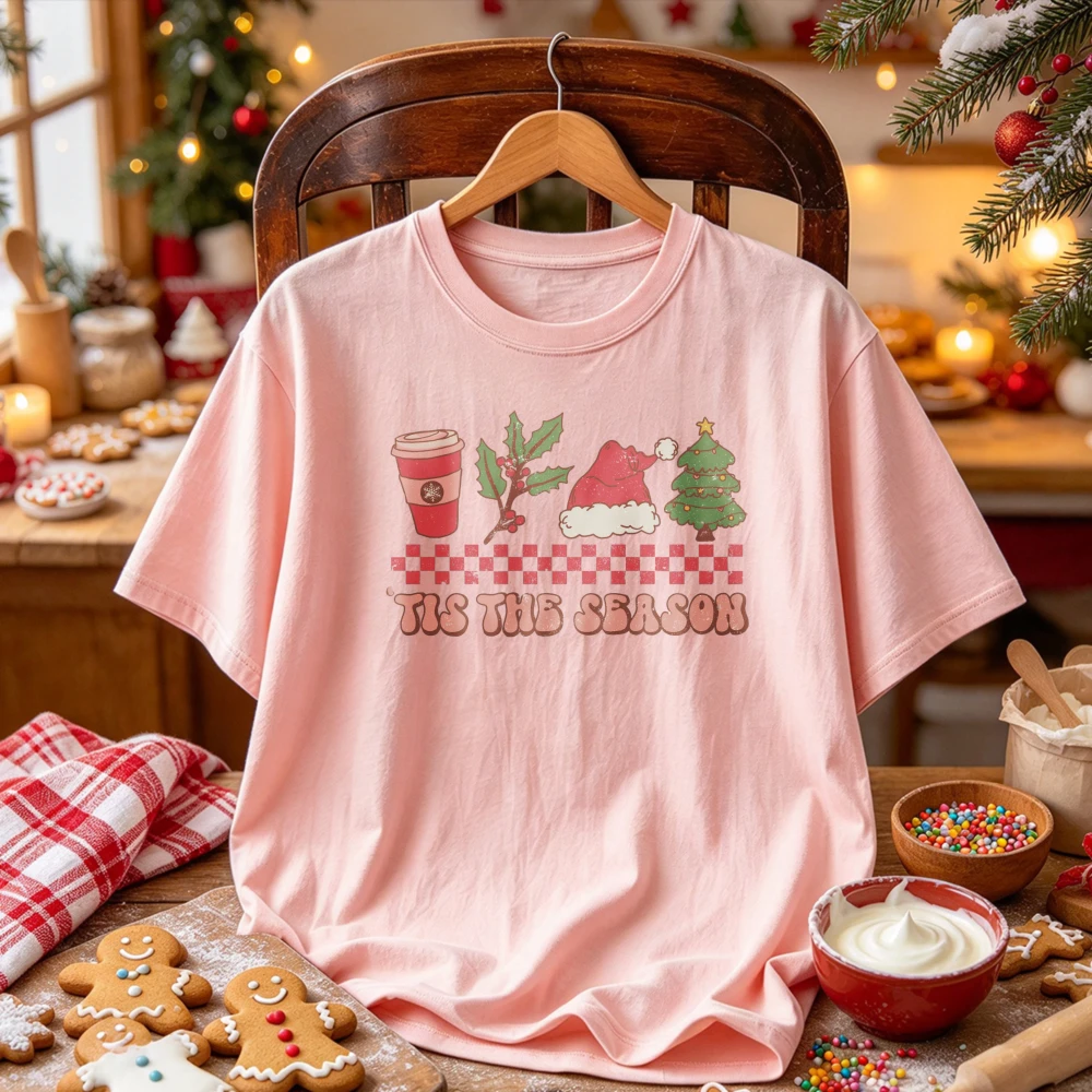 Tis The Season Graphic Tee Retro Checkerboard Coffee Cup Holly Santa Hat Christmas Tree Print Xmas Casual T-shirt Holiday Tops