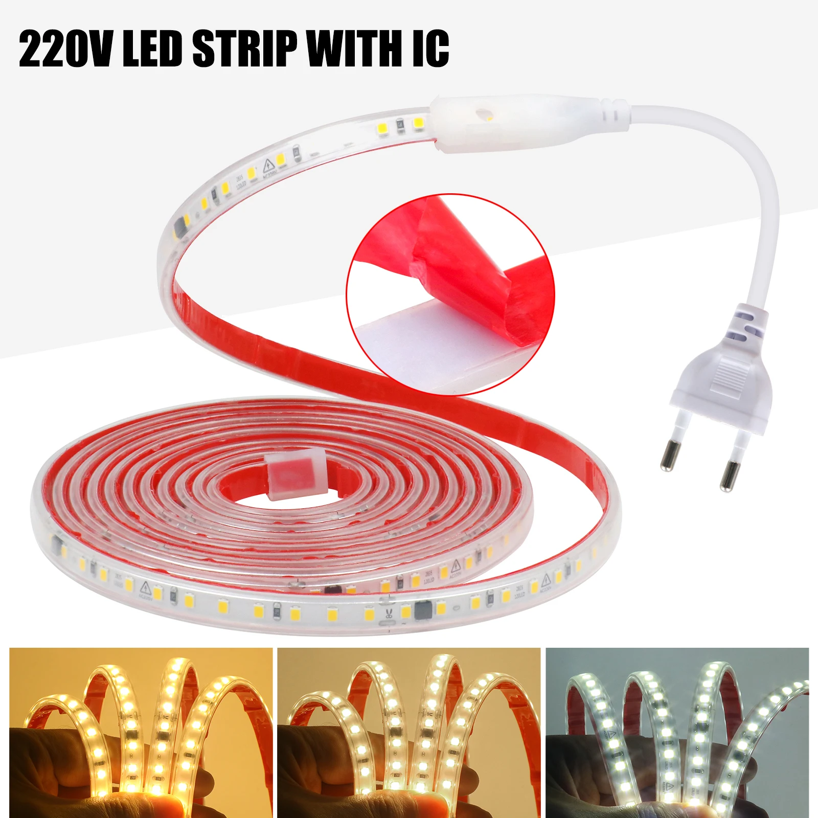 

LED Strip Light with IC 220V 2835 120LEDs Flexible LED Tape Ribbon with Adhesive Tape 10cm Cuttable Waterproof Soft Lamp Bar