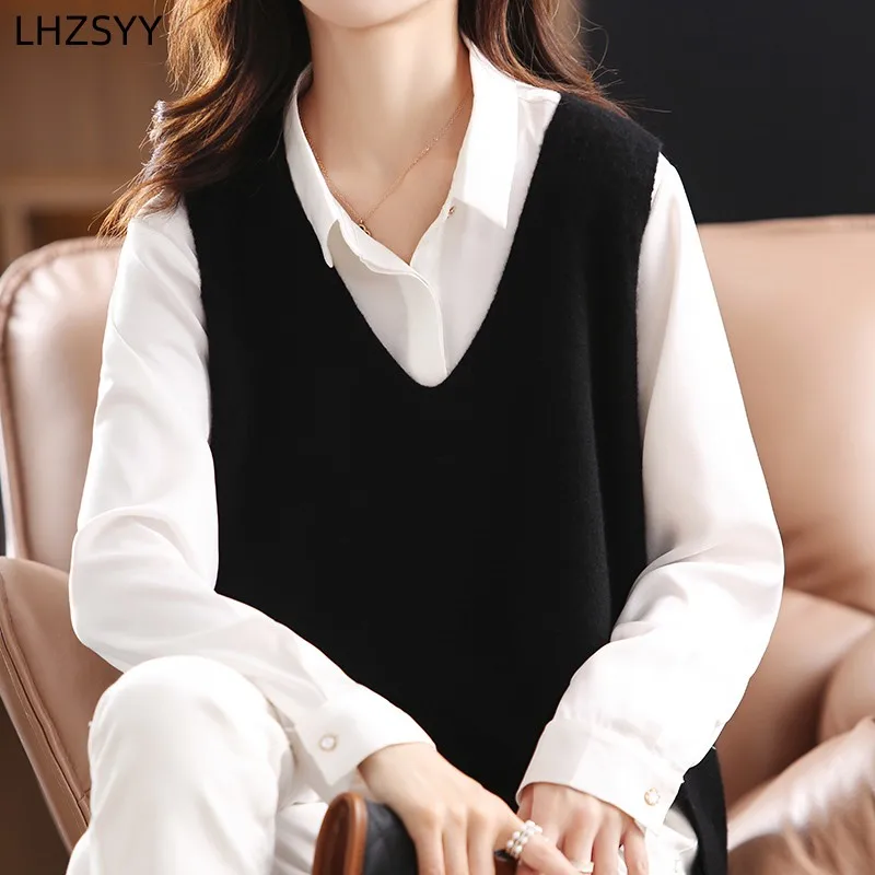 LHZSYY Fashion knitted Waistcoat Ladies 100%Pure Wool Vest 2023 Autumn Winter New Sleeveless Sweater V-Neck Loose Blouse Jacket