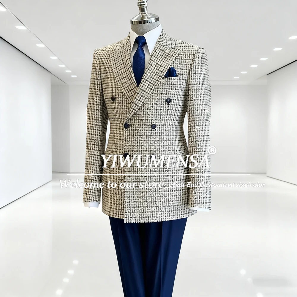 

Classic Plaid Checks Suits Men 2 Pieces Sets Double Breasted Business Office Wear Blazers Customized Man Banquet Groom Tuxedos