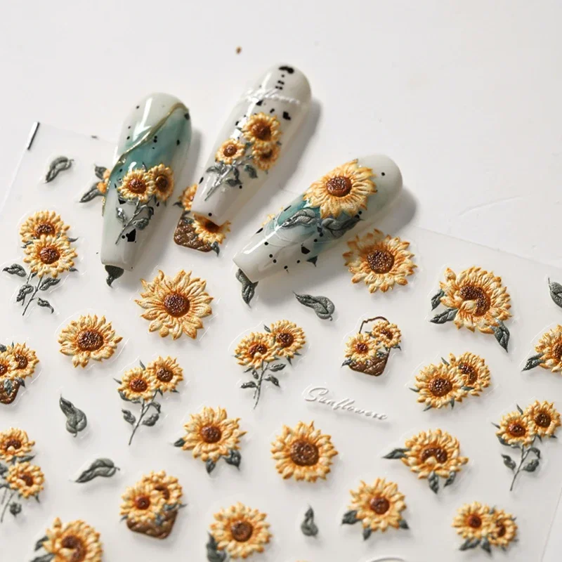 Realistic Living Sunflower Daisy Charming Embossed Reliefs Adhesive Nail Art Stickers Oil Painting Style 3D 5D Manicure Decals