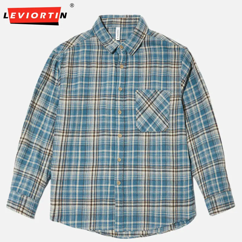 

2025 весенне-осенняя мужская модная повседневная рубашка в клетку в стиле ретро, свободная и удобная рубашка с длинным рукавом и простым карманом