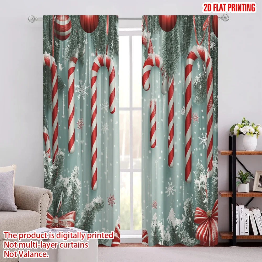 2pcs,2D plane printing Curtains Digital Printed Christmas Candy Cane Ornaments Snow (4) Versatile Polyester Fabric (without rod)
