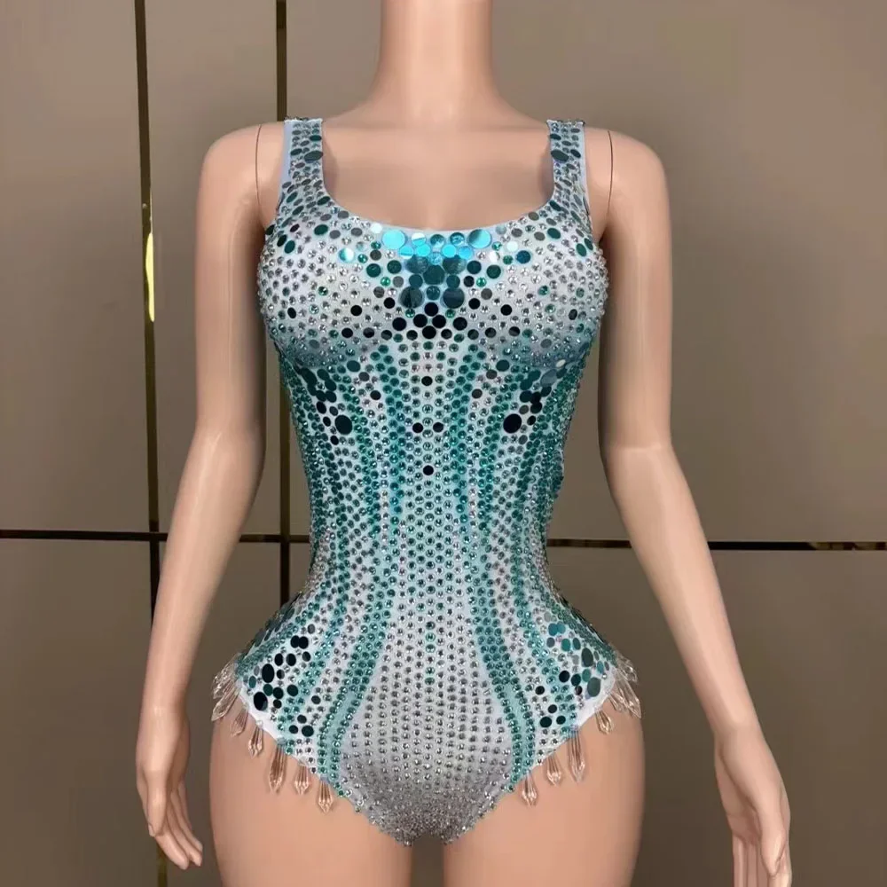 

Performance Dance Crystals Outfit Women Sexy Stage Blue Rhinestones Sequins Leotard Evening Birthday Celebrate Bodysuit Costume