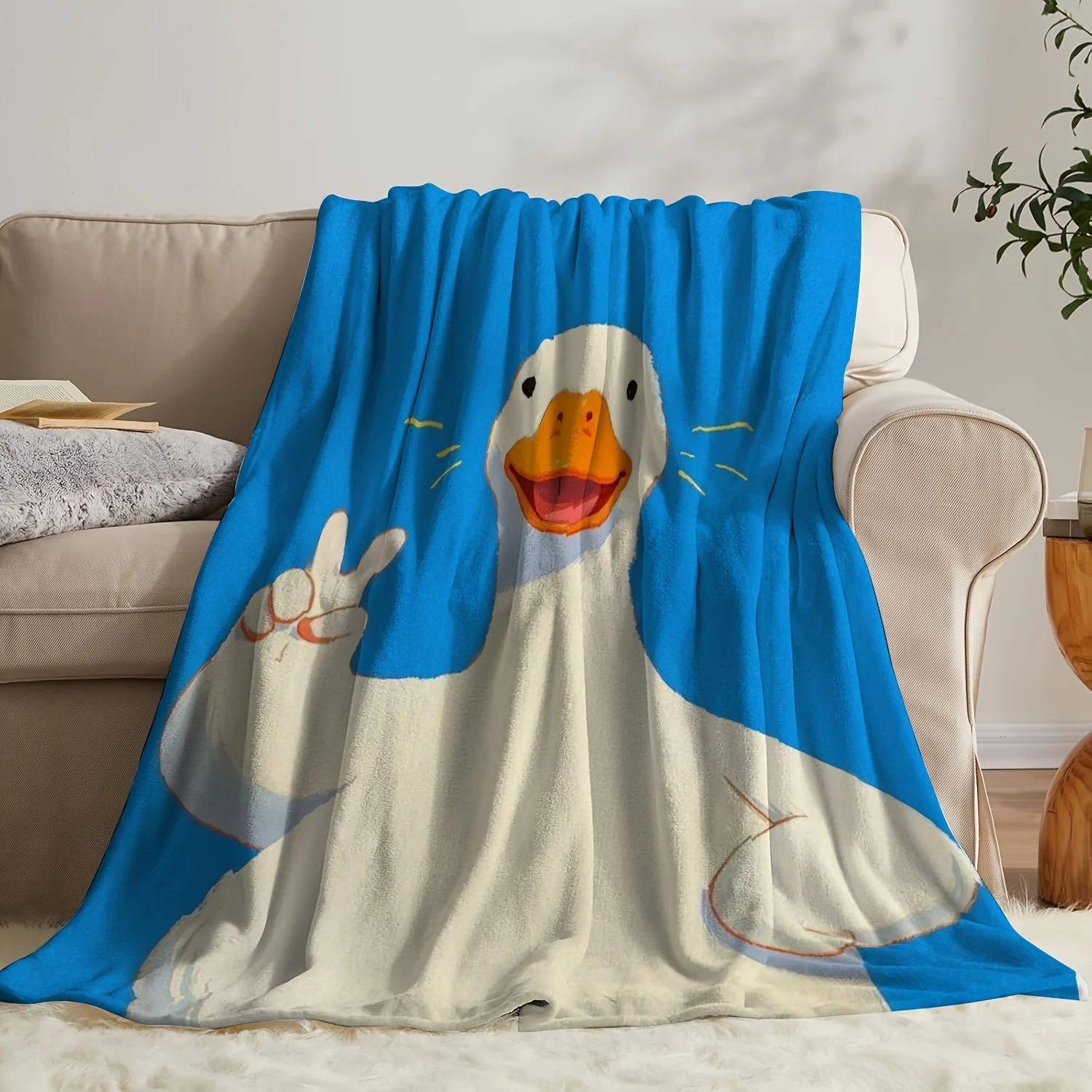 Whimsical Cartoon Duck Peace Hand Gesture Vivid Blue Flannel Throw Blanket, Soft Plush Sofa Bed Travel Indoor Home Decoration