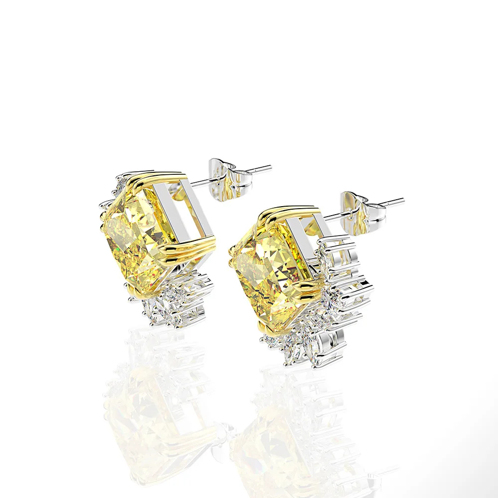 OEVAS 10x10mm 11 Carats Square Yellow 5A Zircon Flower Stud earrings for women S925 Sterling Silver Wedding party Bride jewelry