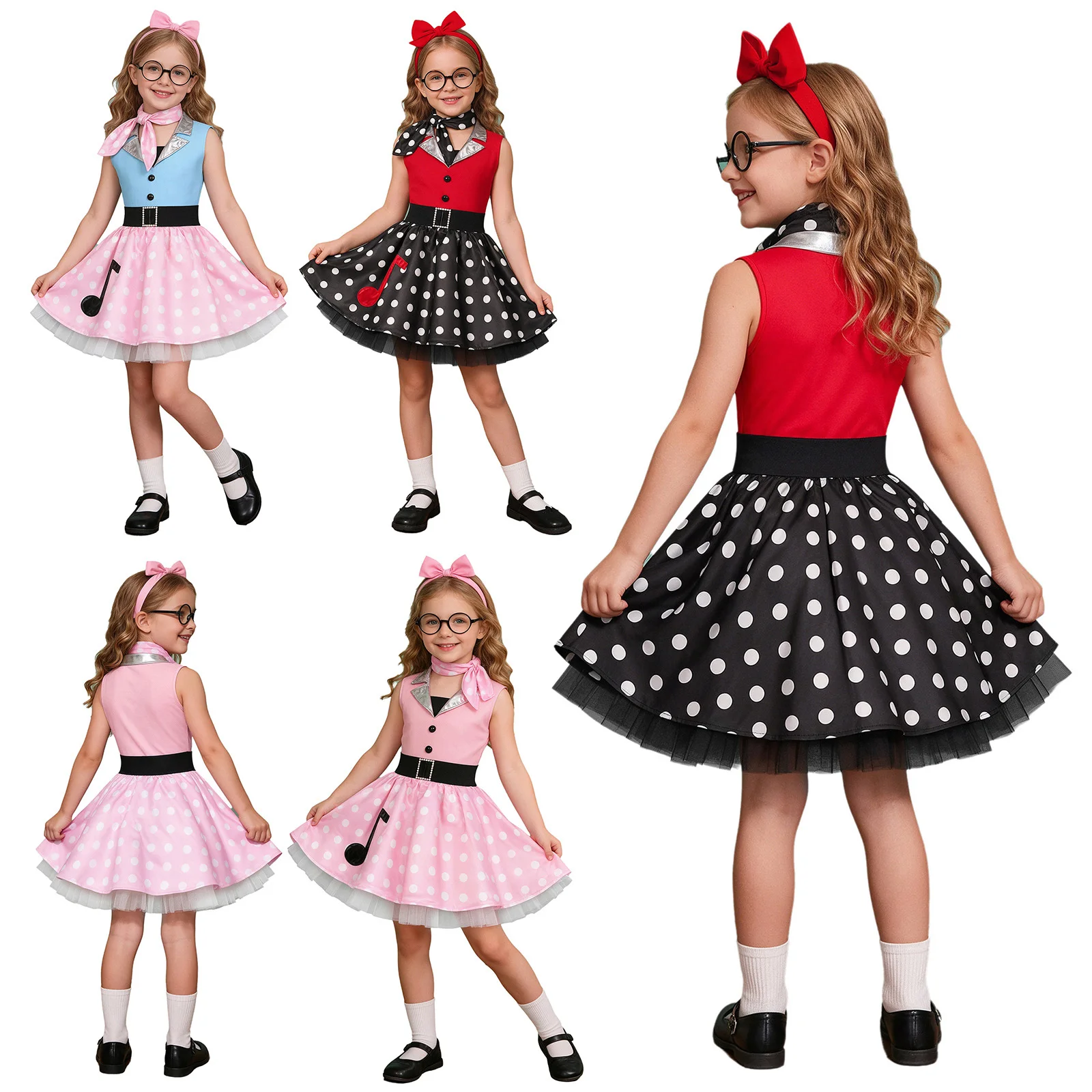 Kids Girls 50s Vintage Dress Metallic Lapel Collar Sleeveless Dot Dress with Neck Scarf for Retro Birthday Theme Party Halloween view 5