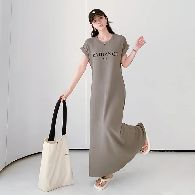 Women's Loose plus Size Short Sleeve Letter Print Dress Casual Round Neck T-Shirt Style Summer Lady's Long Dress Robe