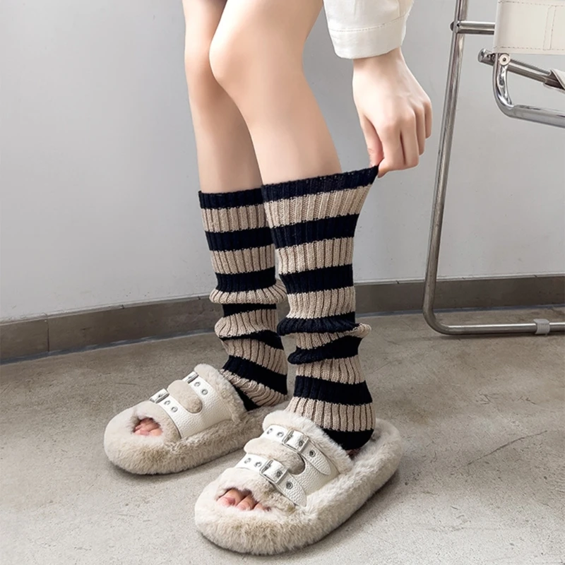 Vintage Contrast Color Striped Leg Warmers Women Harajuku Preppy Ribbed Knitted Stretch Boot Covers Over Calf Long Socks